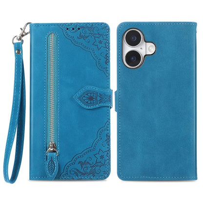For iPhone 16 Case Zipper Wallet PU Leather Flower Imprint Phone Cover