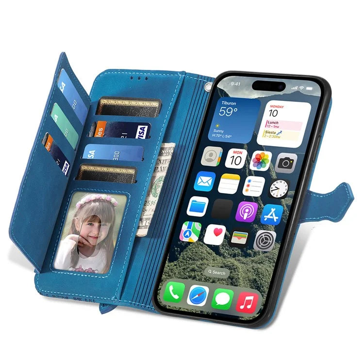 For iPhone 16 Case Zipper Wallet PU Leather Flower Imprint Phone Cover