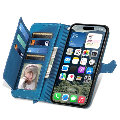For iPhone 16 Case Zipper Wallet PU Leather Flower Imprint Phone Cover