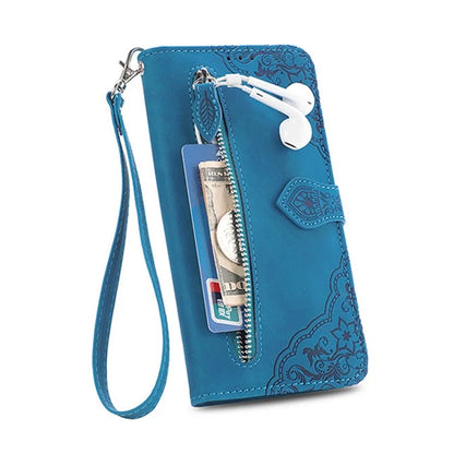 For iPhone 16 Case Zipper Wallet PU Leather Flower Imprint Phone Cover