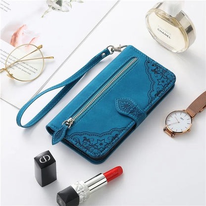 For iPhone 16 Case Zipper Wallet PU Leather Flower Imprint Phone Cover