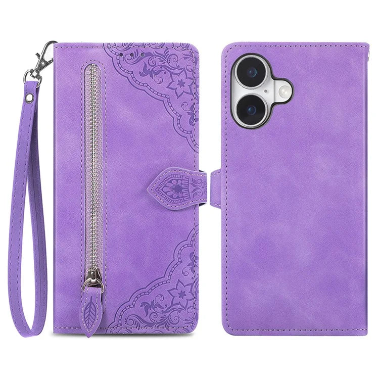 For iPhone 16 Case Zipper Wallet PU Leather Flower Imprint Phone Cover