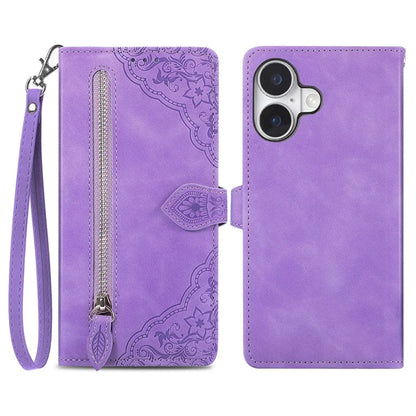 For iPhone 16 Case Zipper Wallet PU Leather Flower Imprint Phone Cover