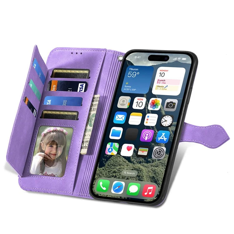 For iPhone 16 Case Zipper Wallet PU Leather Flower Imprint Phone Cover