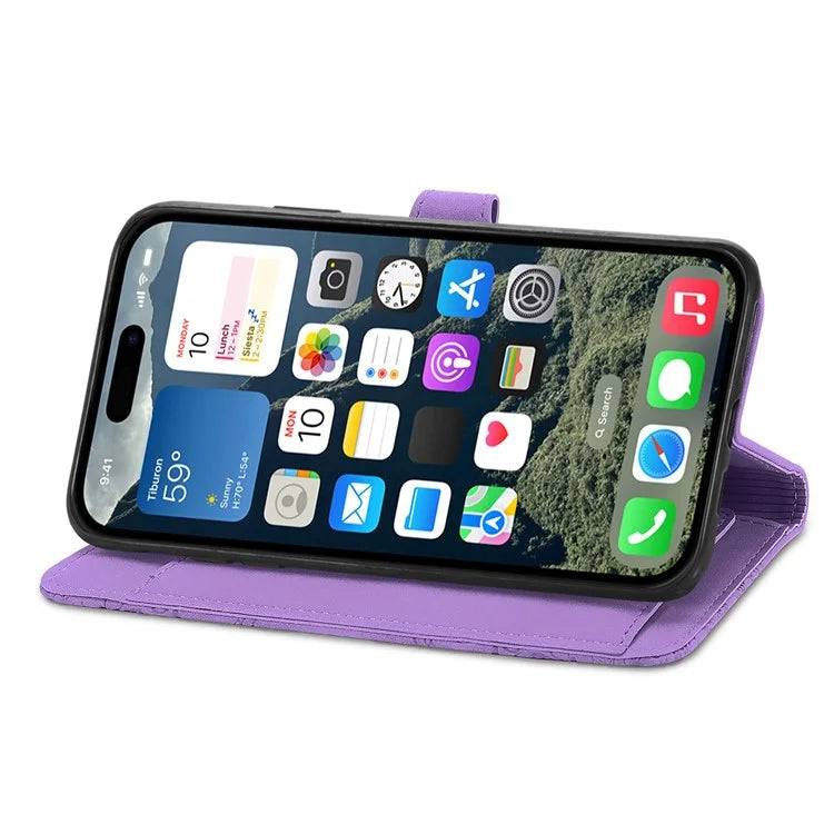For iPhone 16 Case Zipper Wallet PU Leather Flower Imprint Phone Cover