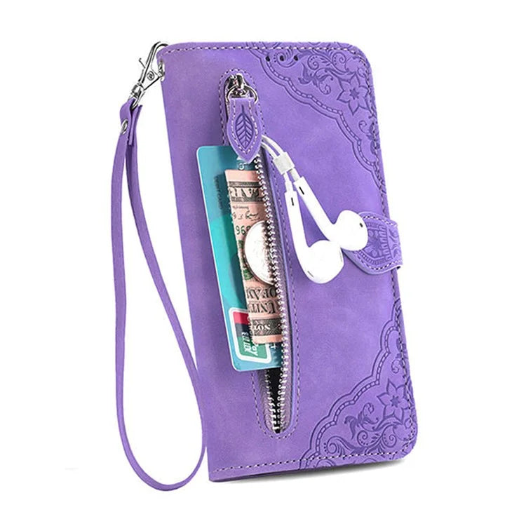 For iPhone 16 Case Zipper Wallet PU Leather Flower Imprint Phone Cover