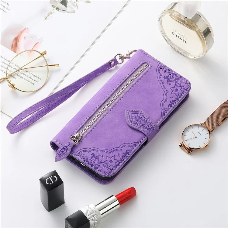 For iPhone 16 Case Zipper Wallet PU Leather Flower Imprint Phone Cover
