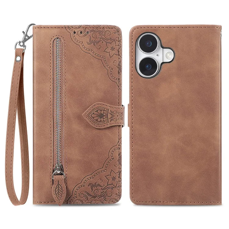 For iPhone 16 Case Zipper Wallet PU Leather Flower Imprint Phone Cover