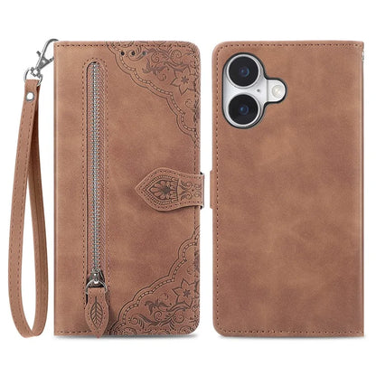 For iPhone 16 Case Zipper Wallet PU Leather Flower Imprint Phone Cover