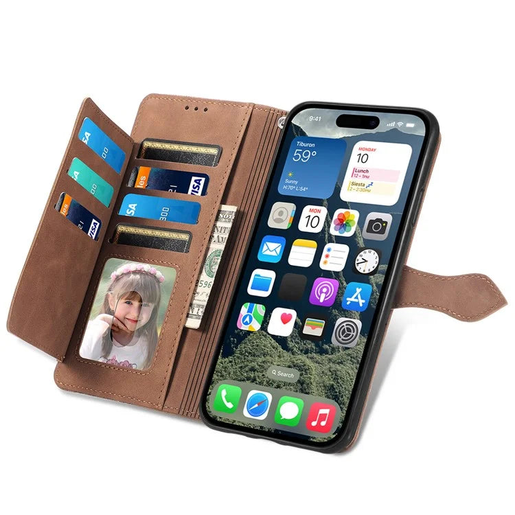 For iPhone 16 Case Zipper Wallet PU Leather Flower Imprint Phone Cover