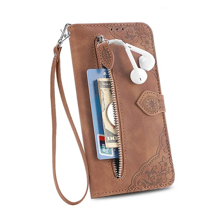 For iPhone 16 Case Zipper Wallet PU Leather Flower Imprint Phone Cover