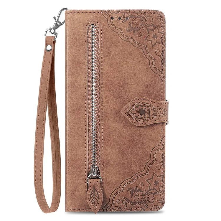 For iPhone 16 Case Zipper Wallet PU Leather Flower Imprint Phone Cover