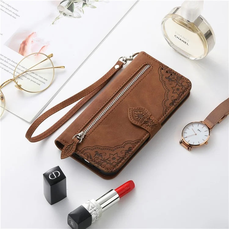 For iPhone 16 Case Zipper Wallet PU Leather Flower Imprint Phone Cover