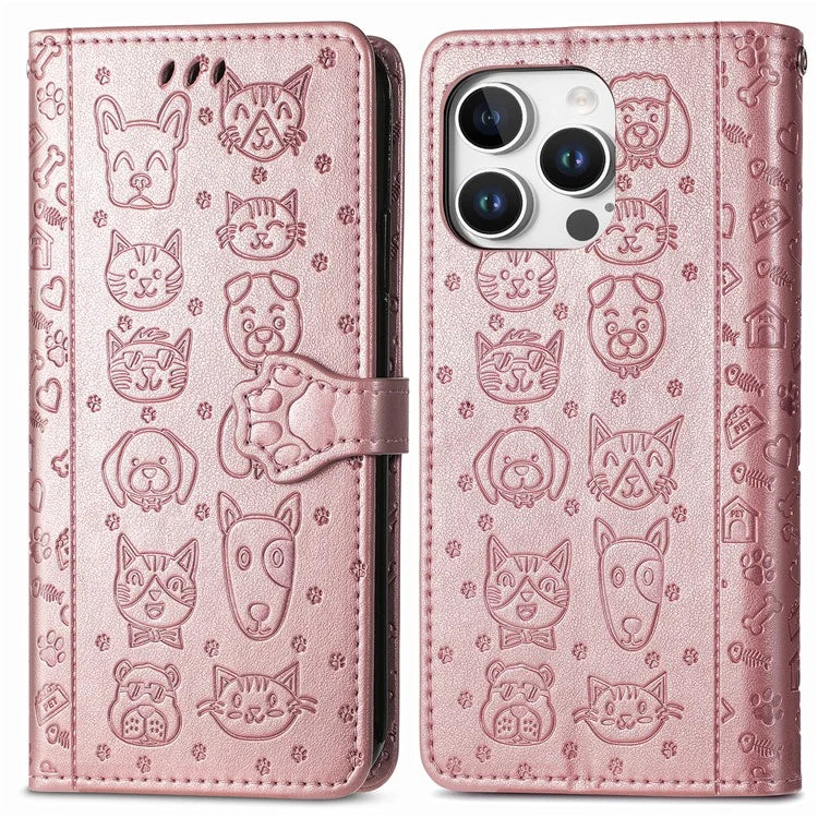 For iPhone 16 Pro Case Leather Wallet Flip Phone Cover Cute Cat Dog Pattern
