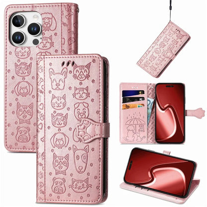 For iPhone 16 Pro Case Leather Wallet Flip Phone Cover Cute Cat Dog Pattern
