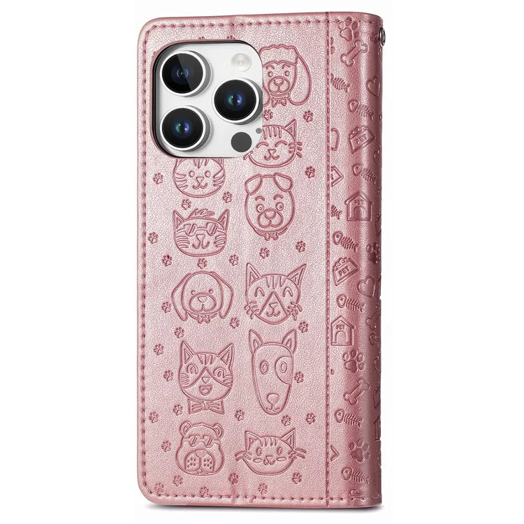 For iPhone 16 Pro Case Leather Wallet Flip Phone Cover Cute Cat Dog Pattern