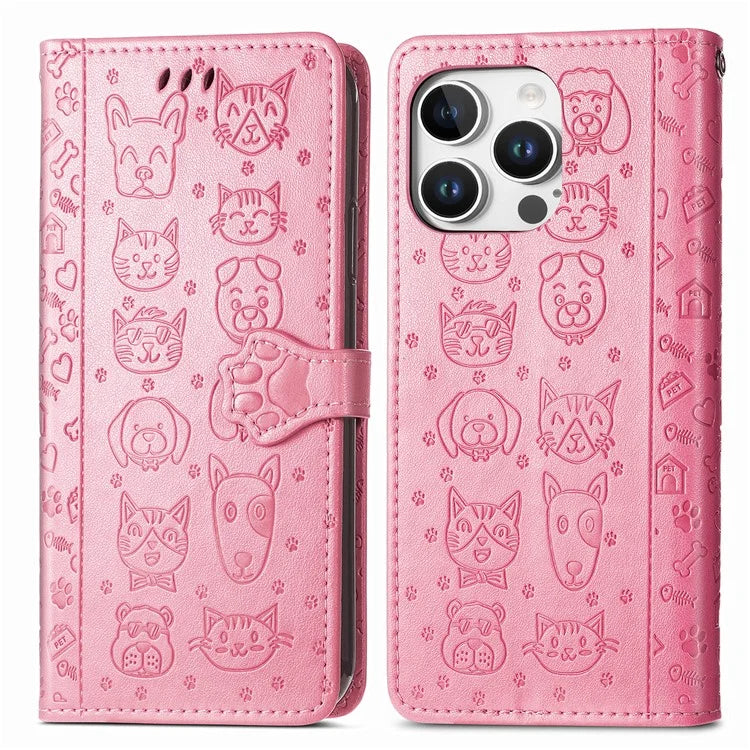 For iPhone 16 Pro Case Leather Wallet Flip Phone Cover Cute Cat Dog Pattern