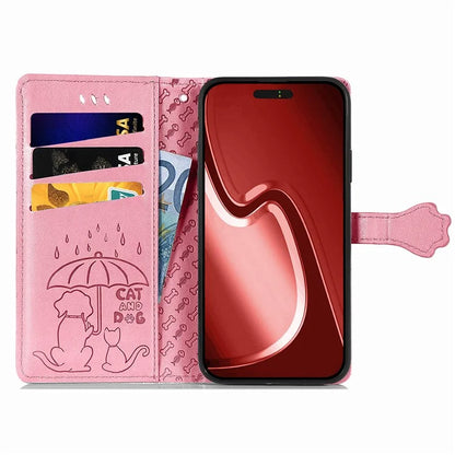 For iPhone 16 Pro Case Leather Wallet Flip Phone Cover Cute Cat Dog Pattern