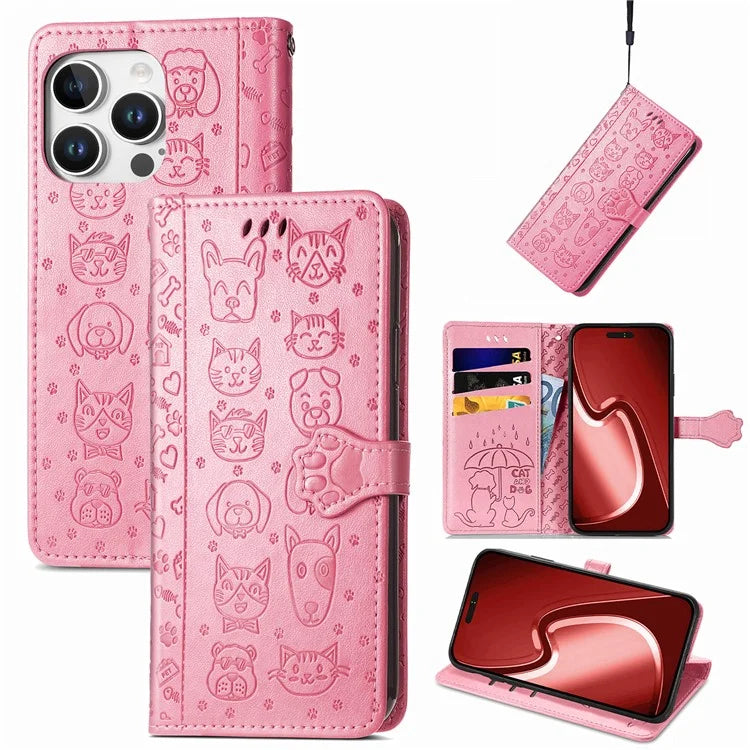 For iPhone 16 Pro Case Leather Wallet Flip Phone Cover Cute Cat Dog Pattern