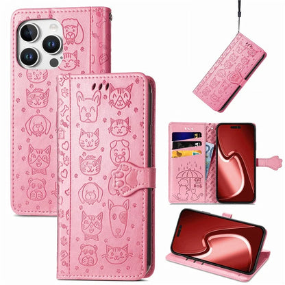 For iPhone 16 Pro Case Leather Wallet Flip Phone Cover Cute Cat Dog Pattern