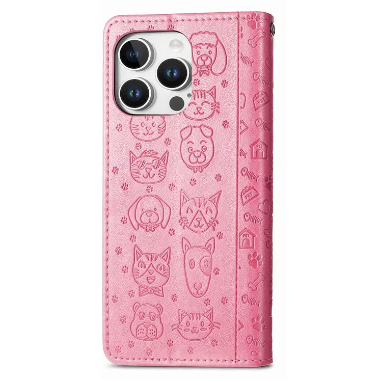 For iPhone 16 Pro Case Leather Wallet Flip Phone Cover Cute Cat Dog Pattern
