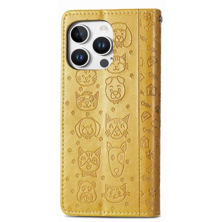 For iPhone 16 Pro Case Leather Wallet Flip Phone Cover Cute Cat Dog Pattern