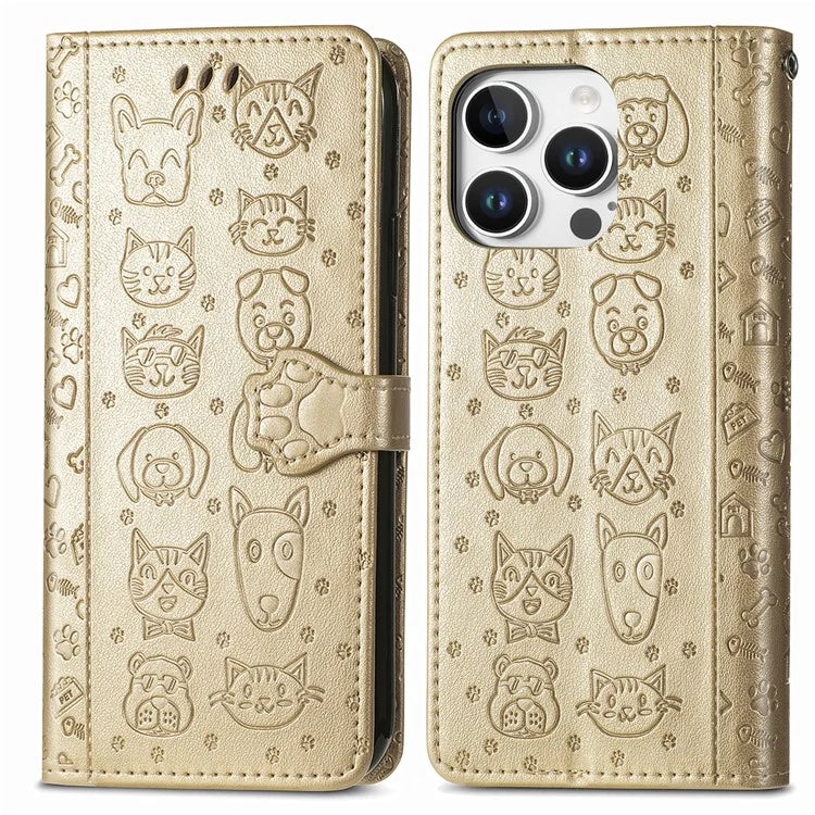 For iPhone 16 Pro Case Leather Wallet Flip Phone Cover Cute Cat Dog Pattern