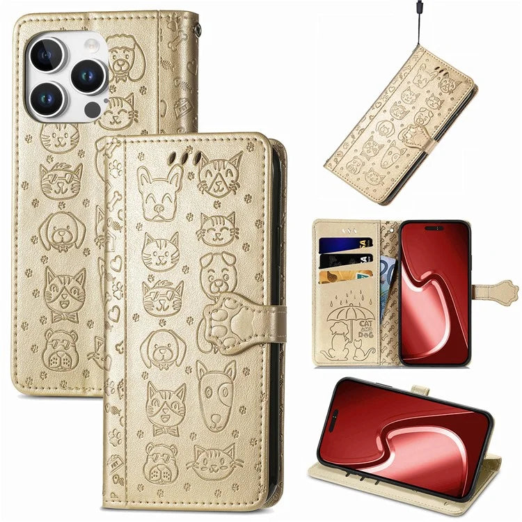 For iPhone 16 Pro Case Leather Wallet Flip Phone Cover Cute Cat Dog Pattern