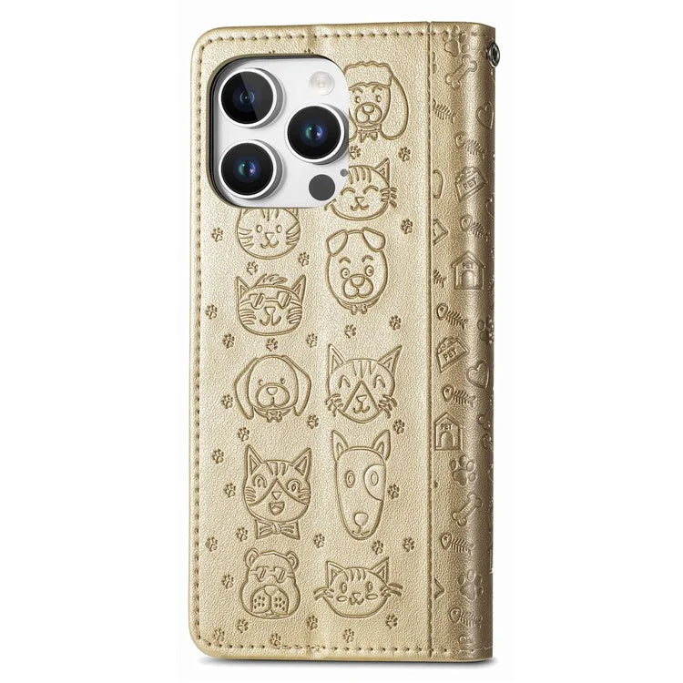 For iPhone 16 Pro Case Leather Wallet Flip Phone Cover Cute Cat Dog Pattern