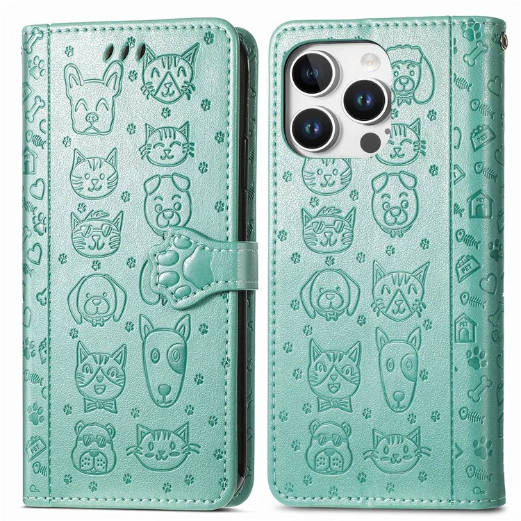 For iPhone 16 Pro Case Leather Wallet Flip Phone Cover Cute Cat Dog Pattern