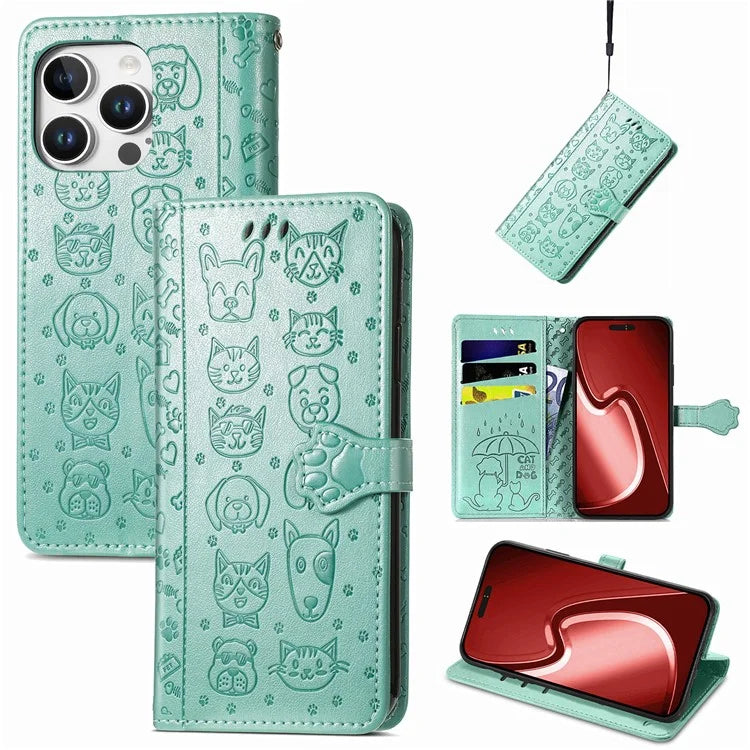 For iPhone 16 Pro Case Leather Wallet Flip Phone Cover Cute Cat Dog Pattern