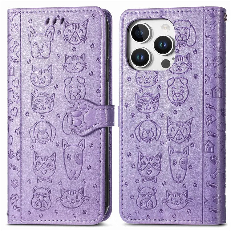 For iPhone 16 Pro Case Leather Wallet Flip Phone Cover Cute Cat Dog Pattern