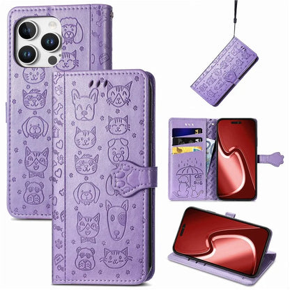 For iPhone 16 Pro Case Leather Wallet Flip Phone Cover Cute Cat Dog Pattern