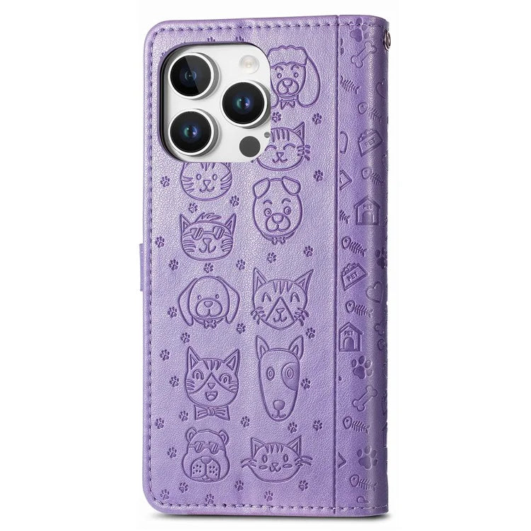 For iPhone 16 Pro Case Leather Wallet Flip Phone Cover Cute Cat Dog Pattern