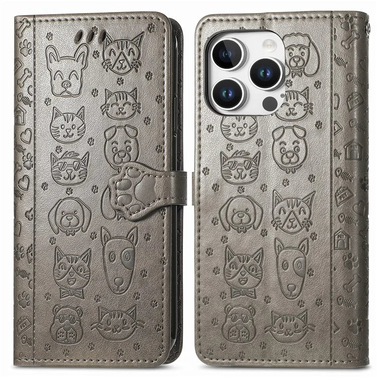 For iPhone 16 Pro Case Leather Wallet Flip Phone Cover Cute Cat Dog Pattern
