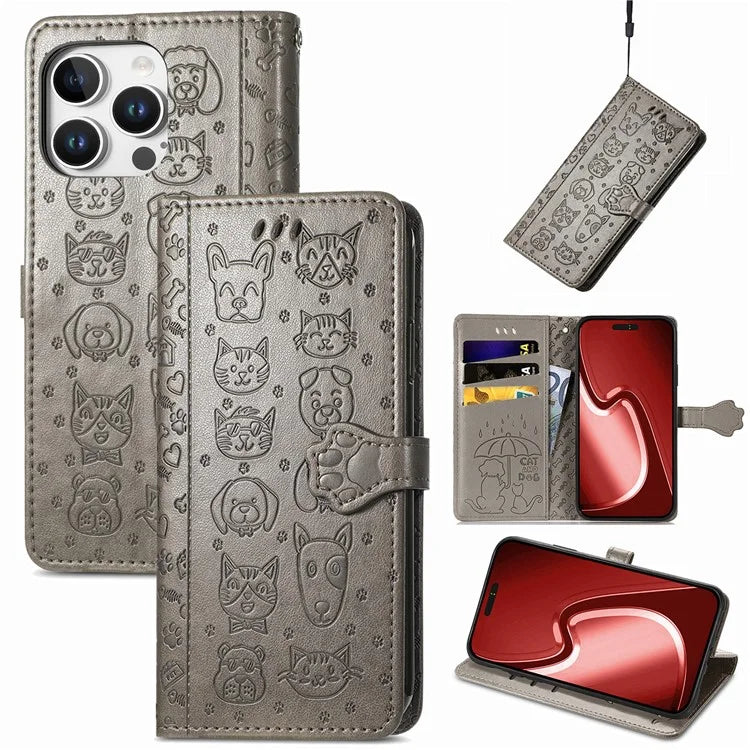 For iPhone 16 Pro Case Leather Wallet Flip Phone Cover Cute Cat Dog Pattern