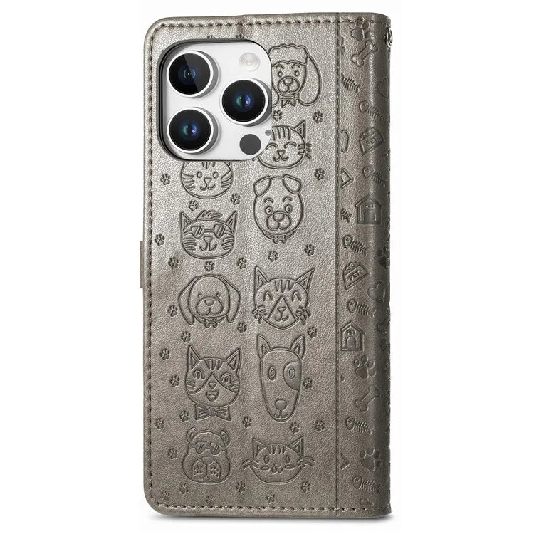 For iPhone 16 Pro Case Leather Wallet Flip Phone Cover Cute Cat Dog Pattern