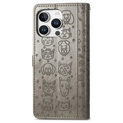For iPhone 16 Pro Case Leather Wallet Flip Phone Cover Cute Cat Dog Pattern