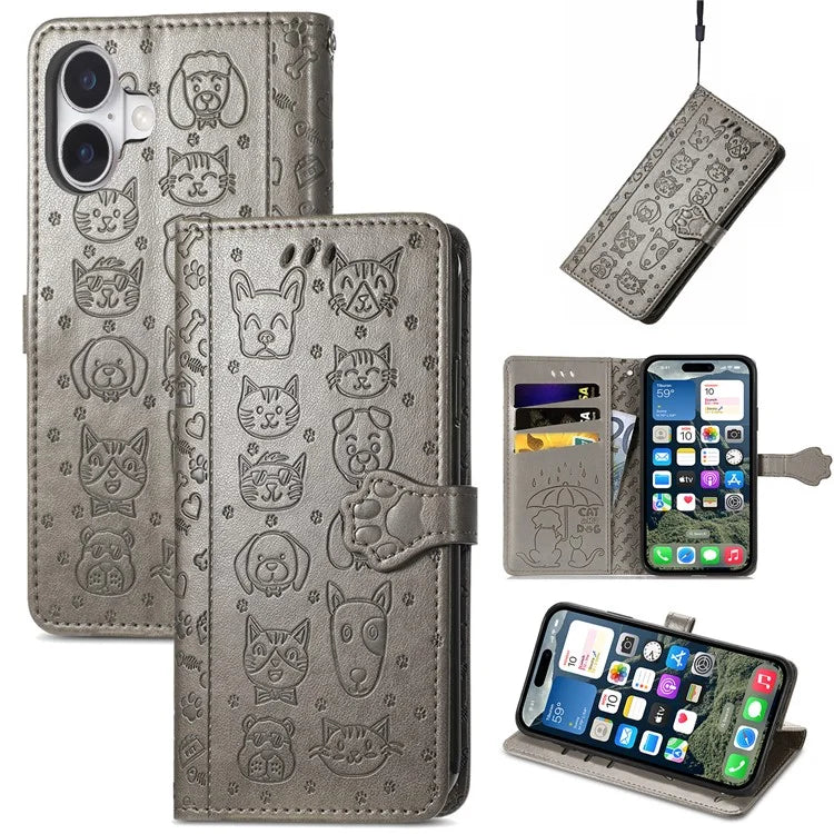For iPhone 16 Plus Case Leather Wallet Flip Phone Cover Cute Cat Dog Pattern