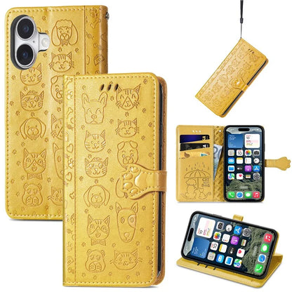 For iPhone 16 Plus Case Leather Wallet Flip Phone Cover Cute Cat Dog Pattern