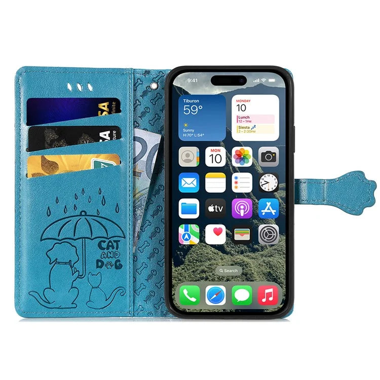 For iPhone 16 Plus Case Leather Wallet Flip Phone Cover Cute Cat Dog Pattern
