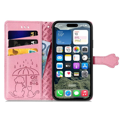 For iPhone 16 Plus Case Leather Wallet Flip Phone Cover Cute Cat Dog Pattern