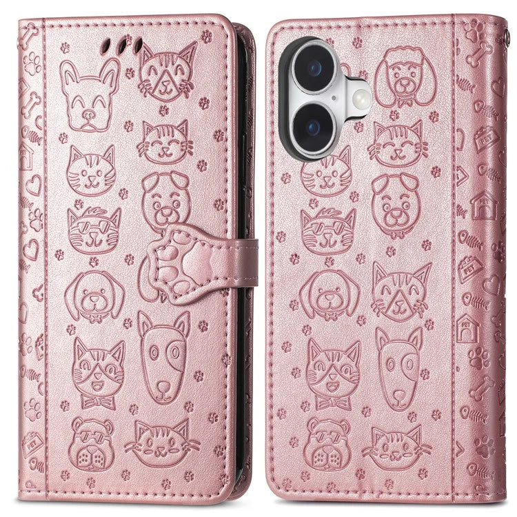 For iPhone 16 Plus Case Leather Wallet Flip Phone Cover Cute Cat Dog Pattern