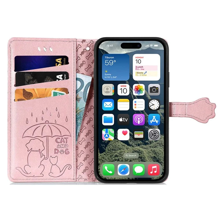 For iPhone 16 Plus Case Leather Wallet Flip Phone Cover Cute Cat Dog Pattern