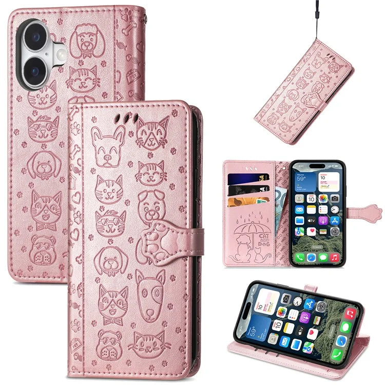 For iPhone 16 Plus Case Leather Wallet Flip Phone Cover Cute Cat Dog Pattern