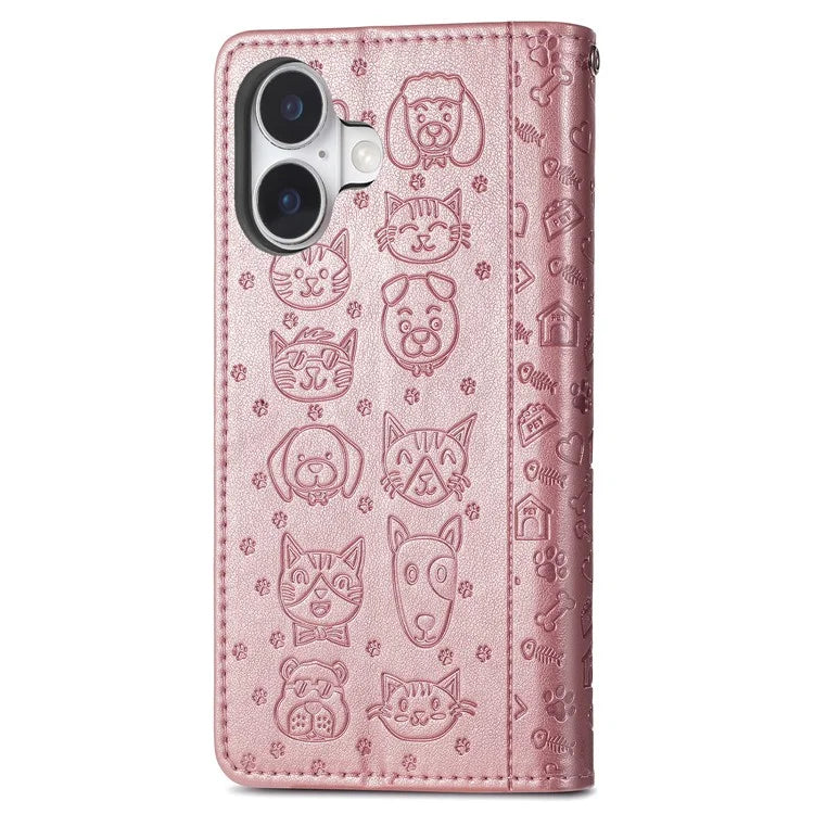 For iPhone 16 Plus Case Leather Wallet Flip Phone Cover Cute Cat Dog Pattern