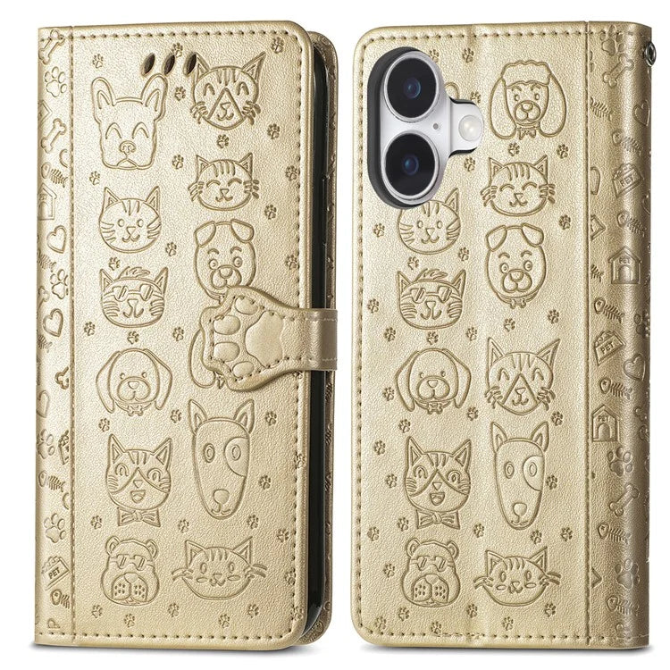 For iPhone 16 Plus Case Leather Wallet Flip Phone Cover Cute Cat Dog Pattern