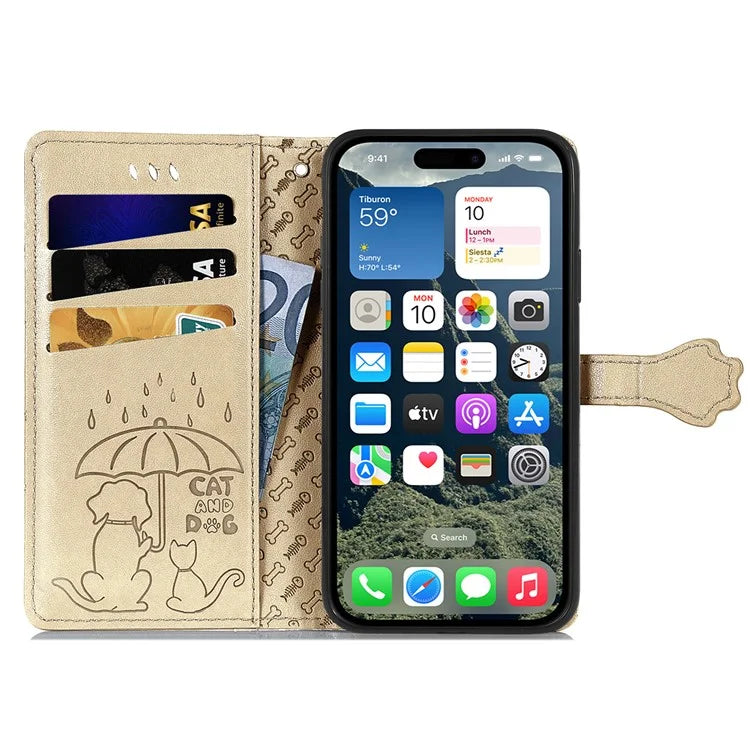For iPhone 16 Plus Case Leather Wallet Flip Phone Cover Cute Cat Dog Pattern