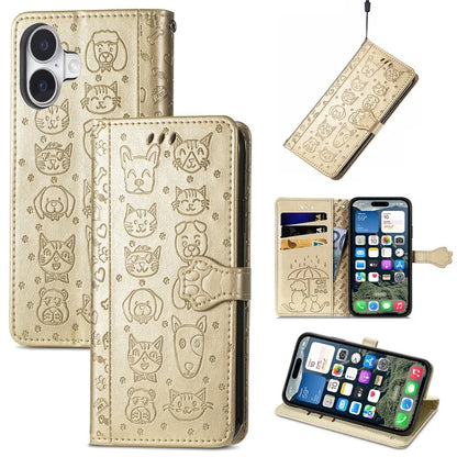 For iPhone 16 Plus Case Leather Wallet Flip Phone Cover Cute Cat Dog Pattern