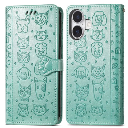 For iPhone 16 Plus Case Leather Wallet Flip Phone Cover Cute Cat Dog Pattern